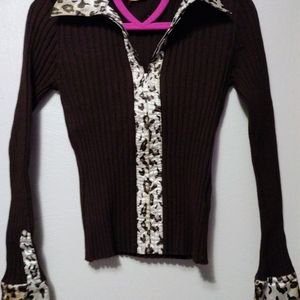 Leopard Trim Zip-Up Sweater